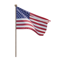 United States 3d illustration flag on pole. Wood flagpole png