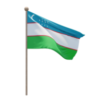 Uzbekistan 3d illustration flag on pole. Wood flagpole png