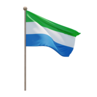 Sierra Leone 3d illustration flag on pole. Wood flagpole png