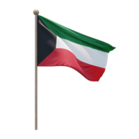 Kuwait 3d illustration flag on pole. Wood flagpole png