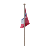 Mississippi 3D-Darstellung Flagge auf der Stange. Fahnenmast aus Holz png