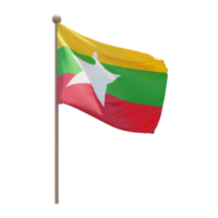 Myanmar 3d illustration flag on pole. Wood flagpole png