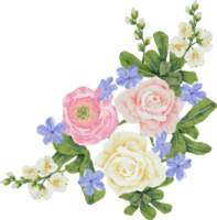 watercolor beautiful pink and white rose, ranunculus and blue Plumbago auriculata plant flower bouquet clipart png