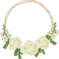 watercolor white rose flower bouquet on dry twig wreath frame png