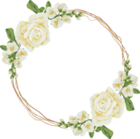 bouquet de fleurs de rose blanche aquarelle sur cadre de couronne de brindilles sèches png