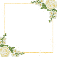 watercolor white roses bouquet with golden luxury square frame png