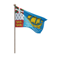 Saint Pierre and Miquelon 3d illustration flag on pole. Wood flagpole png