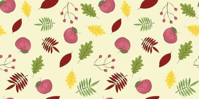 Garden botanical wallpaper. Autumn seamless pattern with apples and leaves. For textile, wrapping paper, packaging. vector