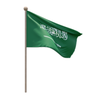 Saudi Arabia 3d illustration flag on pole. Wood flagpole png