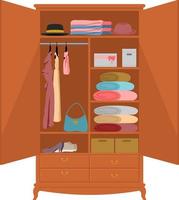 Open wardrobe. Wooden wardrobe on white background with drawer design clothes, inside closet stand fashion, shoes standing and shelf for hats and linen vector