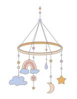 Hanging Baby Toy for Kid Bed with clouds, stars and moon. Vector illustration for Newborn Shower. Mobile for boy or girl crib