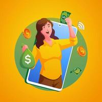 a woman earns money from a smartphone vector