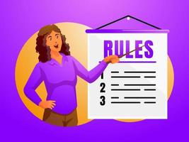 a woman explains a list of rule guidelines vector