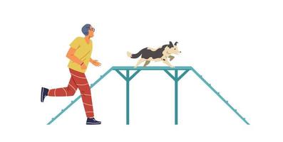hombre entrenando a su perro border collie en la ilustración de vector plano de campo de agilidad. perro pasando el tobogán fronterizo, el dueño corriendo al lado. aislado.