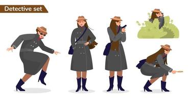 conjunto de detectives de mujer. diseño de personaje. mujer espía con gabardina y sombrero se cuela, de pie, acecha con pistola, buscando evidencias con lupa, haciendo fotos de la emboscada. ilustración vectorial plana. vector