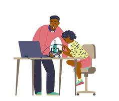 Robotics for kids flat vector illustration.  African american teacher with girl engineering and programming robot.