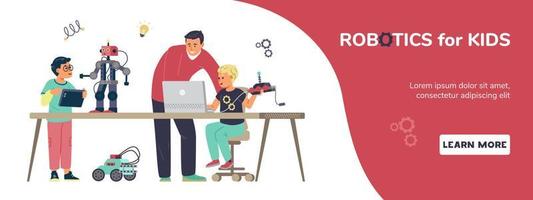 Robotics for kids horizontal vector banner. Boys with teacher engineering and programming robots.