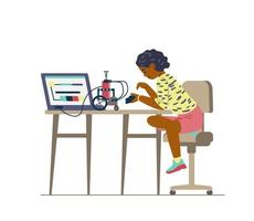 Robotics for kids flat vector illustration. African american teenage girl sitting at desk with laptop programming and controlling robot.