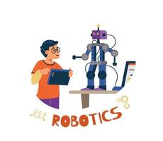 Robotics for kids flat vector illustration. Boy with tablet programming and controlling robot.