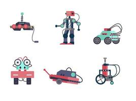 Vector set of robots and mechanisms. Robotics and programming for kids. Isolated on white.
