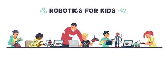 Robotics for kids horizontal vector banner. Children with teacher engineering and programming robots.