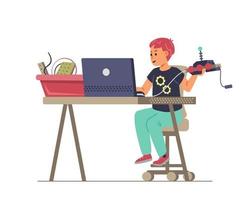 Robotics for kids flat vector illustration. Boy sitting at desk with laptop programming robot.