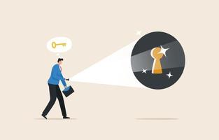 The solution of a business or problem. Guidance in finding and choosing a solution.  hope in the dark.Businessman holding a flashlight to look for a giant keyhole. vector