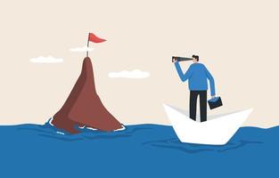 Look for a way to survive the business. chance of life or job duties. Businessman rowing a boat looking for a flag. vector