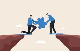 Business challenge solution. ability to overcome the crisis. Jigsaw puzzle for success. Two businessmen connect a jigsaw puzzle to form a bridge. vector