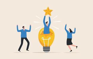 ideas para el éxito del equipo. innovación soluciones comunidad o invención ayuda a una empresa a alcanzar sus objetivos. premio estrella de logro. los empleados comparten ideas sobre bombillas.