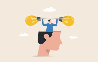 New creative idea, innovation or solution for business. Management of ideas to develop the organization to grow. Businessman from a giant head opens his head in two thought bulbs or light bulbs. vector
