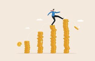 Increase in income or profit. An increase in wages or salaries. increase in interest. Company growth from doing business. Businessman jumping on pile of silver coins above. vector