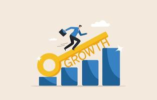 Investment key successful. Business growth. Profit from investment. Achieve financial or career goals. Businessman runs to the top of the charts with giant keys. vector
