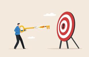 Key to success. Unlock important goals. Results of business strategy.  Career paths and challenges. Businessman aiming key to  archery target. vector