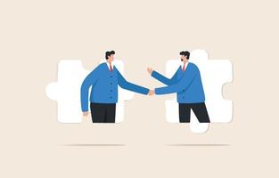 Business agreement partner or coordinating cooperation. Helping or building relationships leads to success. Businessmen handshake on jigsaw puzzle. vector