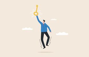 The key to success in your career. Unlock the ability to be independent. Self development. The man holding the key jumped rejoicing. vector