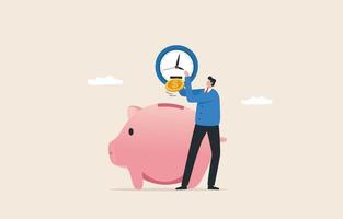 Time and savings.  Money Increase Investment.  return on investment and investment period. A businessman takes a coin from his watch to put his piggy bank. vector