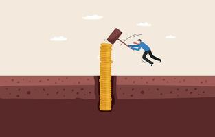 Financial stability. Wealth management. Maintain stable financial assets and stable system. Businessman uses a hammer to drive money coin into the ground. vector