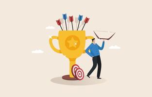 Business goal achievement. Success according to the business plan. Prizes for the winners. risk management or practicing and skill. Businessman with an archer standing next to a trophy. vector