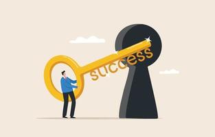 Key to success. Achieve business goals. Great achievements in responsibilities. career, occupation, profession, employment. Businessman inserting a golden key into a giant keyhole. vector