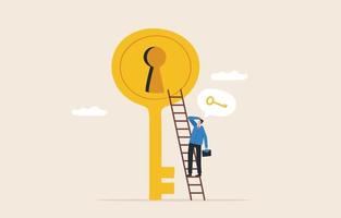 Key to business success. Opportunity or Ladder of Challenges. Unlocking abilities to develop potential. Businessman climbs the stairs to  the keyhole. vector