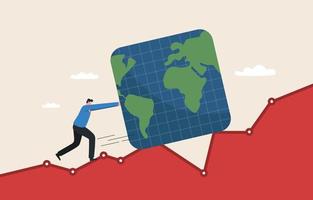 Global economic slowdown. Global GDP growth declining or sluggish. Businessman pushing a slow moving square world through the economic graph. vector