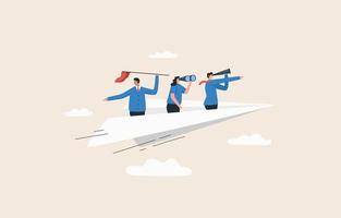 Business vision strategy. leadership direction paper plane. Opportunity for goal. Businessman looking through a telescope sitting on a paper plane with team. vector