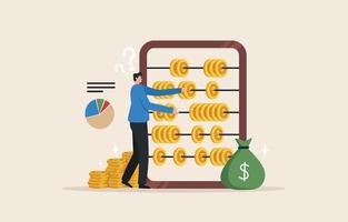 Calculation of income or taxes. Accounting operations. Annual earnings report. investment finance specialist. Businessman with piles of money and abacus for calculations. vector