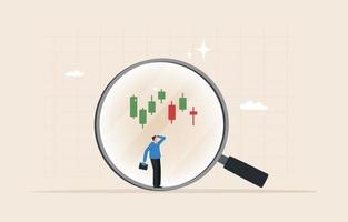 stock market technical analysis. Transition between rising and falling trends price patterns with signals. Investors use magnifying glasses to analyze investment charts. vector