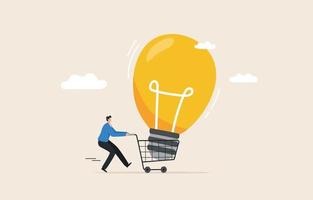 Big ideas. creativity and innovation in problem solving. Businessman uses a trolley to transport a large light bulb. vector