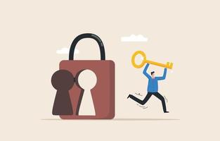 Key success for solution. career development, Leadership in problem solving. Unlocking career skills or Mindset. Businessman holding huge golden key to unlock door. vector