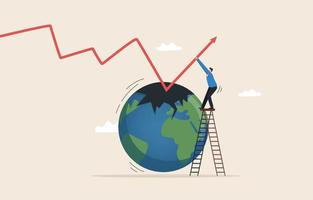 Crisis and solution. Solve financial and investment problems. economic recession crisis.  Arrow graph falling into the world. Businessman pulls an arrow graph out of a black hole. vector