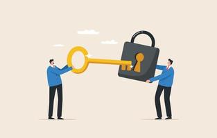 Key business concept. Solve business problems for success. Golden key to unlock. business team holding golden key to unlock. vector