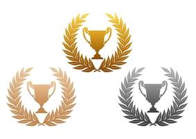 Golden, silver and bronze laurel wreaths with trophy vector